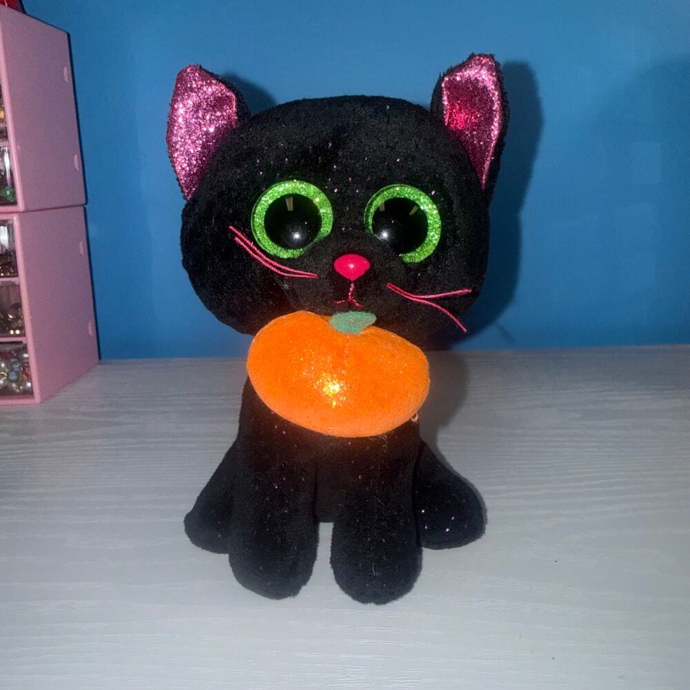 Ty Beanie Baby Potion Black Cat Plush Pumpkin Halloween 6” Green Glitter Eyes